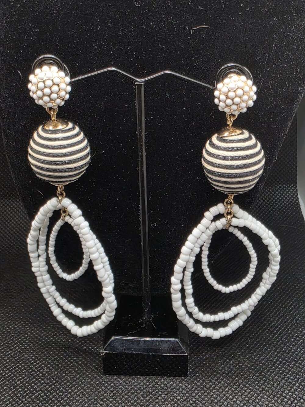 SUGARFIX Statement Earrings White Seed Bead Black and White Striped Drop 4"